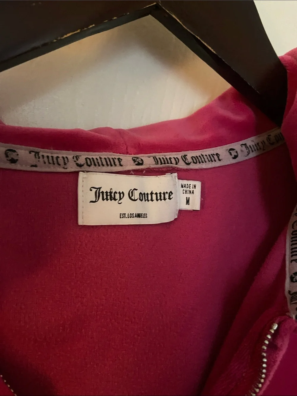 Juicy Couture Raspberry Velour Hoodie with Rhinestone Logo